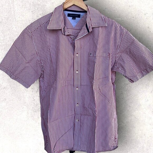 Tommy Hilfiger Mens Red White Strip Short Slv Button Regular Fit Oxford Size‎ L - Picture 1 of 11